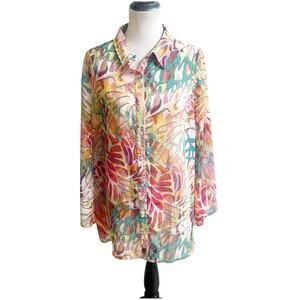 Roman’s Sheer Bell Sleeve Watercolor Button Front Blouse 16W Collared Floral
